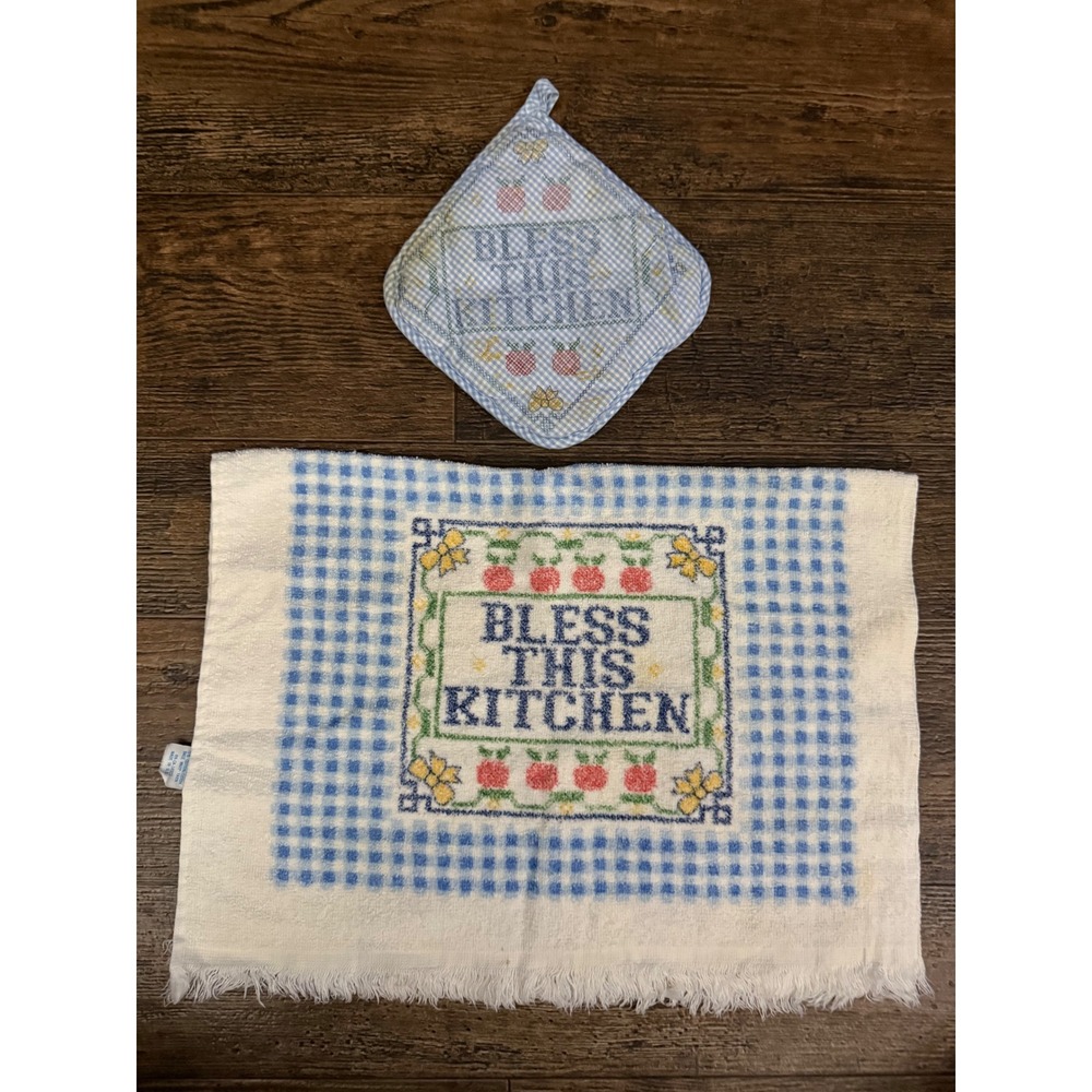 Vintage 1982 Myra Colby Designs "Bless This Kitchen" Potholder & Dish Towel Set